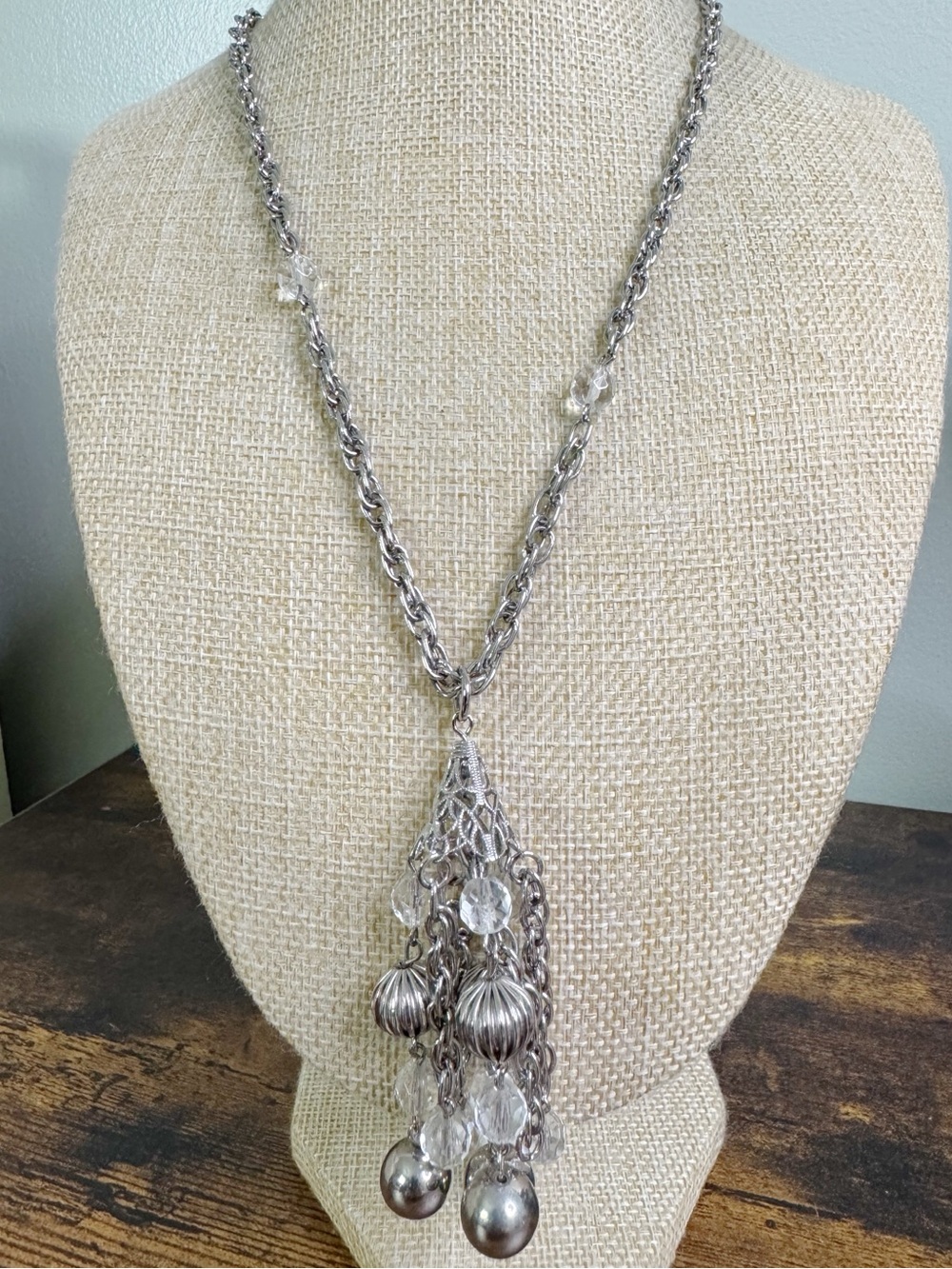 Vintage Silver Tassel Necklace with Clear Crystal Drops - Flapper Revival Deco